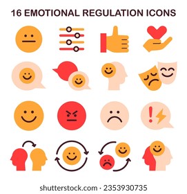 Emotional regulation icons set. Emotion balance and resilience skill. EQ development. Deep understanding of emotions and empathy. Self-regulation and awareness. Flat vector illustration