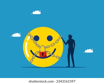 Emotional regulation. man standing with optimistic icon locked with padlock 