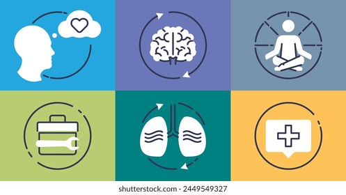 La regulación emocional y los sentimientos mentales controlan el concepto de la cuadrícula. Métodos psicológicos para calmarse o capacidad para relajarse con una correcta Ilustración vectorial respiratoria. Meditación de autoconciencia.