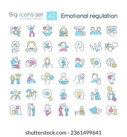 Regulación emocional Ajuste de iconos de color RGB. Controlar y controlar los sentimientos. Salud mental. Ilustraciones vectoriales aisladas. Colección de planos de línea simple rellena. Trazo editable. Tipo de letra rápido y ligero utilizado