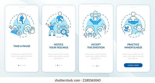 Emotional regulation skills blue onboarding mobile app screen. Walkthrough 4 steps editable graphic instructions with linear concepts. UI, UX, GUI template. Myriad Pro-Bold, Regular fonts used