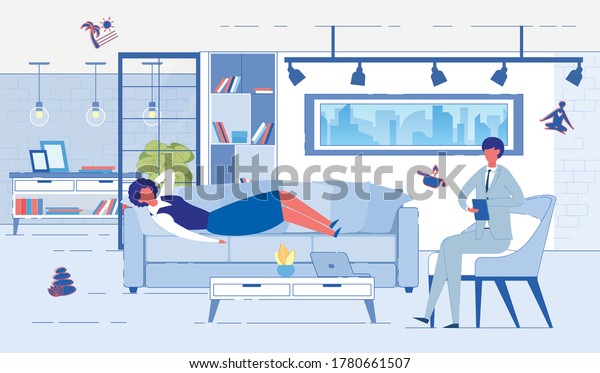 Emotional Relaxation at Psychologist\
Reception. Woman in Business Suit Lie on Comfortable Couch and Tell\
Doctor about her Feelings, he Make Notes. Room Space Divided by\
Bookcase and Glass\
Partition.
