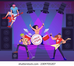 Emotional rock band performs on stage flat style, vector illustration. Rock concert, vocalist, drummer and guitarists characters, musical performance. Event and leisure