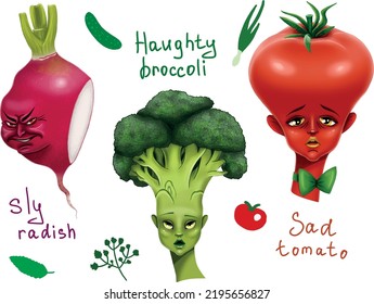 Emotional salad. Radish, broccoli and tomato with a bow.  And also small cucumbers, onions and grass. Each vegetable has its own character and emotion.