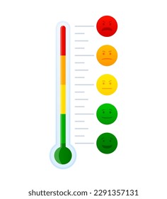 Emotionale Skala mit unterschiedlichen Emotionen. Gesicht Emotion, glücklich, normal und wütend. Temperatur und Wettervorhersage. Feedback-Rate-Skala. Vektorgrafik.