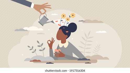 Emotional self care as positive female mental balance tiny person concept. Peaceful mind and happy feelings with psychological support from therapy vector illustration. Woman love, esteem and harmony.