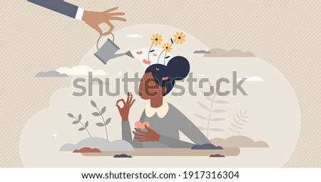 Emotional self care as positive female mental balance tiny person concept. Peaceful mind and happy feelings with psychological support from therapy vector illustration. Woman love, esteem and harmony. 商業照片 © 