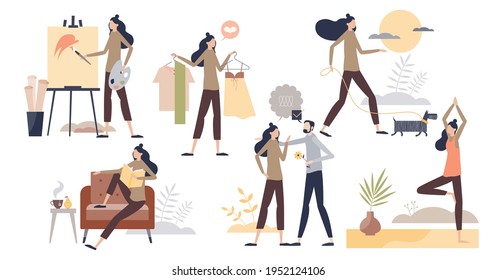 Emotional self care types with female enjoy life collection tiny person set. Love yourself, be happy, social active, do yoga and relationships to be in harmony with body and mind vector illustration.