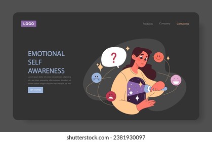 Emotional self-awareness dark mode or night mode web banner or landing page. Young female character examine her inner self with a flashlight. Consciousness. Flat vector illustration