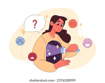 Emotional self-awareness. Young female character examine her inner self with a flashlight. Emotional intelligence and consciousness. Deep understanding of personality. Flat vector illustration