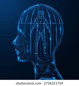 Emotional self-control. The head in which there is a cage with a person inside. The concept symbolizes the inner limitations of the mind, psychological barriers and isolation of freedom of thought.