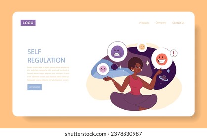 Banner web de autorregulación emocional o página de inicio. Joven negra consciente de sus emociones. Profunda comprensión y aceptación de la personalidad propia. Conciencia y autoconciencia.