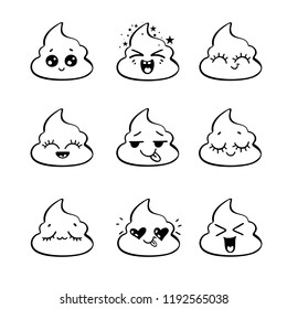 Emotional shit icons. Cute funny poop set.  Happy emoji, emoticons. Smiling faces symbols. Vector signs
