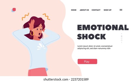 Emotional Shock Landing Page Template. Surprised Young Woman, Unexpected . Astonished Female Character Stunned or Shocked Expression. Person with Open Mouth. Cartoon People Vector Illustration