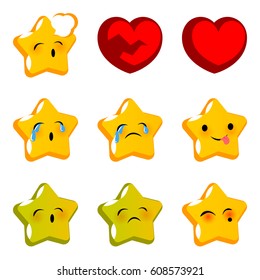 Emotional star faces smiles cry sick set. Vector illustration smile icon. Face emoji yellow icon. Smile cute funny emotion face. Red heart, sad expression message, sms. Yellow smile emoji face.