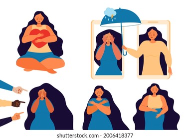 Emotional state of girl vector set.Panic attack of woman. Sad, crying woman with long hair. Cloud with rain drops. Depression, sadness, mental health. Love for yourself, high esteem and body positive.