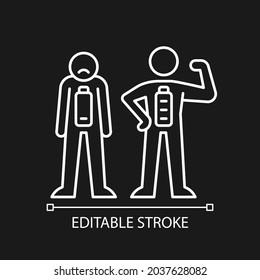 Emotional state white linear icon for dark theme. Motivation and energy if state is good. Thin line customizable illustration. Isolated vector contour symbol for night mode. Editable stroke