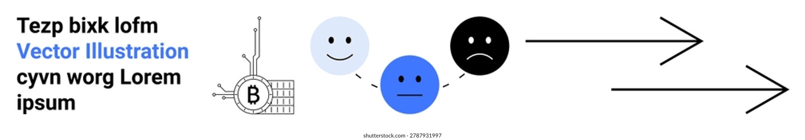 Emotional states, decision-making, blockchain processes, transitions, digital concepts, workflow. Faces expressing emotions, blockchain element and arrows denoting progression. Decision-making
