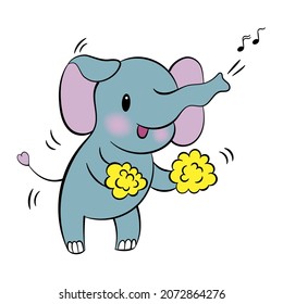 Emotional sticker with cute elefant. Kawaii style. Cartoon emoji sticker with dancing elefant. Vector illustration.