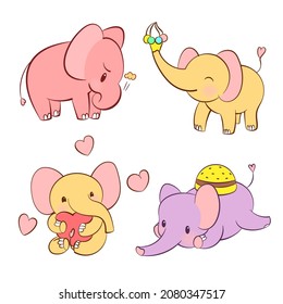Emotional sticker set with cute elefant in different colors. Kawaii style. Cartoon emoji sticker with elefants in different moods. Vector illustration.