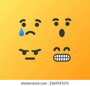 Emotional stickers. Flat, yellow, emotional stickers, emotions of sadness, anger and surprise. Vector icons