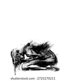 Emotionaler Sturm, Vektor des mentalen Zusammenbruchs. Illustration für Therapie, psychische Gesundheit und Depressionen Inhalt. Handgezeichneter Stil vermittelt Trauma, Trauer, Angst. Eine weinende Frau, aufgerollt auf dem Boden.
