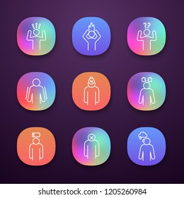 Emotional stress app icons set. Anxiety, frustration, confusion, trembling, burden, thinking, exhaustion, apathy, sadness. UI/UX user interface. Web, mobile applications. Vector isolated illustrations