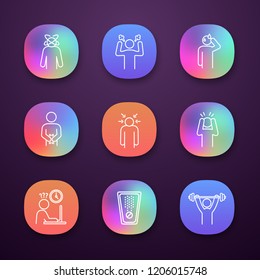 Emotional stress app icons set. Dizziness, anger, cold sweat, indigestion, nervous tension, panic attack, work rush, drug, sport exercise. UI/UX user interface. Vector isolated illustrations