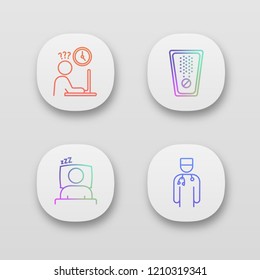 Emotional stress app icons set. UI/UX user interface. Work rush, effervescent pill, sleeping, doctor. Web or mobile applications. Vector isolated illustrations