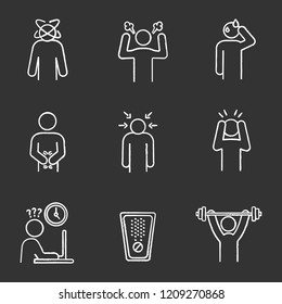 Emotional stress chalk icons set. Dizziness, anger, cold sweat, indigestion, nervous tension, panic attack, work rush, drug, sport exercise. Isolated vector chalkboard illustrations