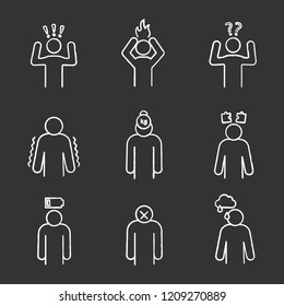 Emotional stress chalk icons set. Anxiety, frustration, confusion, trembling, burden, thinking, exhaustion, apathy, sadness. Isolated vector chalkboard illustrations