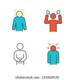 Emotional stress color icons set. Dizziness, anger, indigestion, nervous tension. Isolated vector illustrations