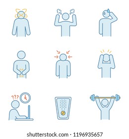 Emotional stress color icons set. Dizziness, anger, cold sweat, indigestion, nervous tension, panic attack, work rush, drug, sport exercise. Isolated vector illustrations