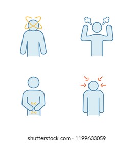 Emotional stress color icons set. Dizziness, anger, indigestion, nervous tension. Isolated vector illustrations