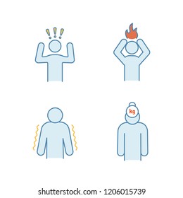 Emotional stress color icons set. Anxiety, frustration, tremor, burden. Isolated vector illustrations