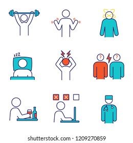Emotional stress color icons set. Sport exercise, hands tremor, dizziness, sleep, headache, conflict, alcoholism, making mistake, doctor. Isolated vector illustrations