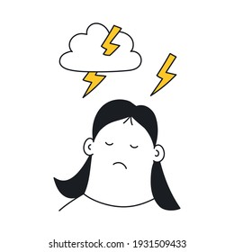 Emotional stress, depressed female character and a cloud with lightning above their head, mental health issues. Flat thin outline vector illustration on white background.