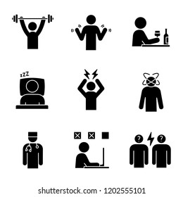 Emotional stress glyph icons set. Sport exercise, hands tremor, dizziness, sleep, headache, conflict, alcoholism, making mistake, doctor. Silhouette symbols. Vector isolated illustration
