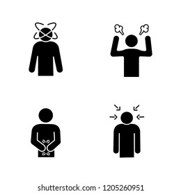 Emotional stress glyph icons set. Dizziness, anger, indigestion, nervous tension. Silhouette symbols. Vector isolated illustration