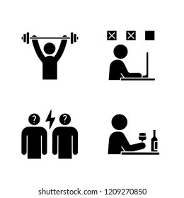 Emotional stress glyph icons set. Sport exercise, making mistakes, conflict, alcoholism. Silhouette symbols. Vector isolated illustration