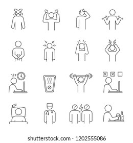 Emotional stress linear icons set. Chronic depression. Exhaustion and fatigue. Anxiety, frustration.Thin line contour symbols. Isolated vector outline illustrations. Editable stroke