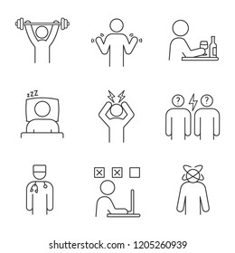 Emotional stress linear icons set. Sport exercise, hands tremor, dizziness, sleep, headache, conflict, alcoholism, making mistake, doctor. Isolated vector outline illustrations. Editable stroke