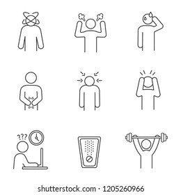 Emotional stress linear icons set. Dizziness, anger, cold sweat, indigestion, nervous tension, panic attack, work rush, drug, sport exercise. Isolated vector outline illustrations. Editable stroke
