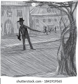 Emotional style Pencil sketch of a drunk man at bar waiting for taxi at night with full moon. Adventure concept 