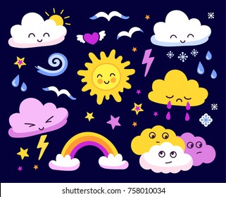 Emotional sun and clouds, stars, rainbow on dark background. Cute weather forecast. Vector set.