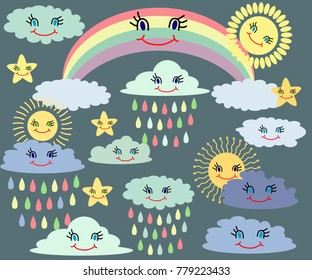 Emotional sun and clouds, stars, rainbow on dark background. Cute weather forecast. Vector set.