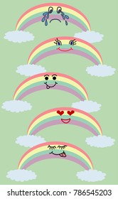 Emotional sun and clouds, stars, rainbow on dark background. Cute weather forecast. Vector set.