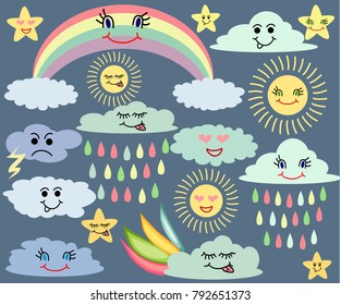 Emotional sun and clouds, stars, rainbow on dark background. Cute weather forecast. Vector set.