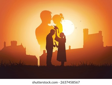 Emotional sunset silhouette of a father carrying his daughter with a reflection of her future graduation. A tribute to parenting and dreams fulfilled.