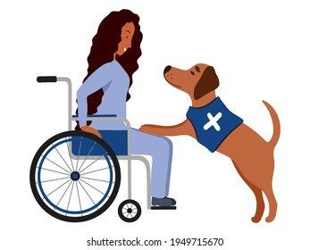 Emotional support animal emblem health care. Disabled woman in wheelchair. Service pet and patient isolated. Dog therapy for banner, flyer, company, medical service, hospital. Vector illustration.